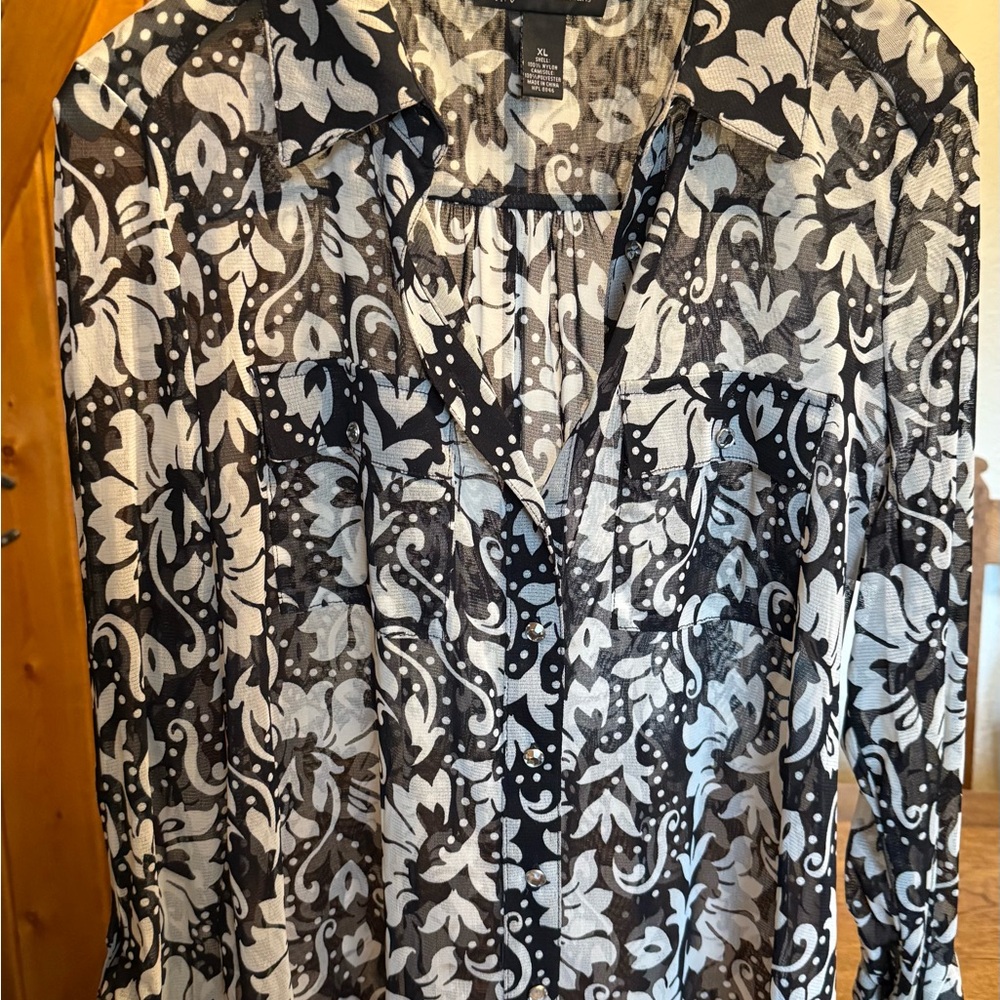 INC International Concepts Black and White Floral Shear Blouse